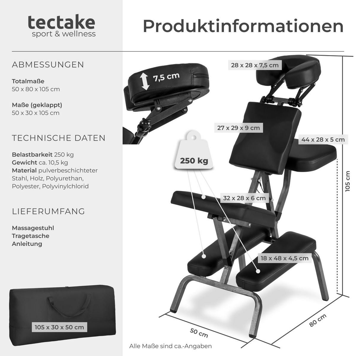 MASSAGESTUHL , 80 x 50 x 105 cm, schwarz - Schwarz, Metall (50/105/80cm) - tectake