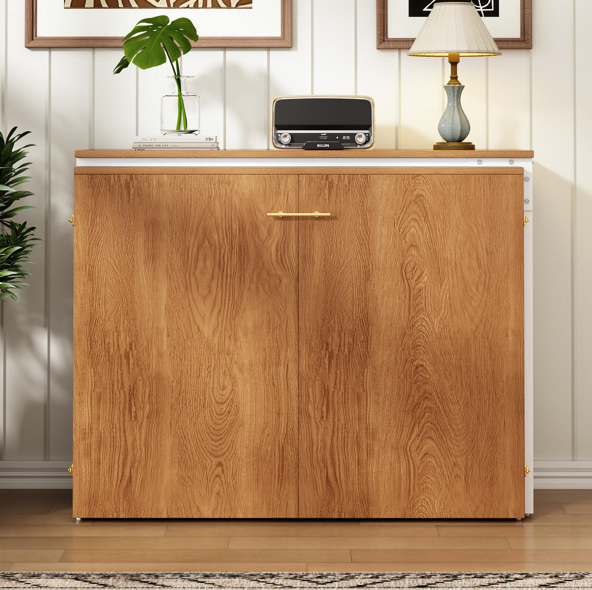 KLAPPBETT 90/200 cm mit drehbarem Schreibtisch, Rollen und Matratze, platzsparend, Natur - Naturfarben, Naturmaterialien (90/200cm) - Redom