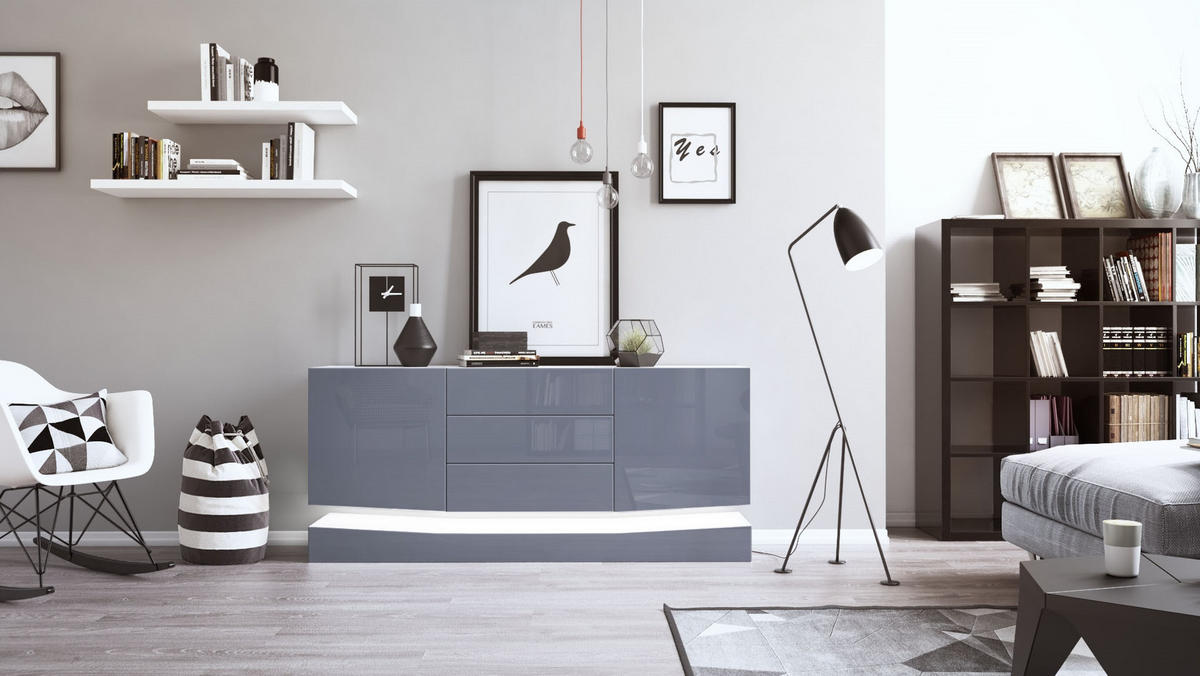 SIDEBOARD City Fronten in Grau Hochglanz - Grau, Holzwerkstoff (178/82/39cm) - Vladon