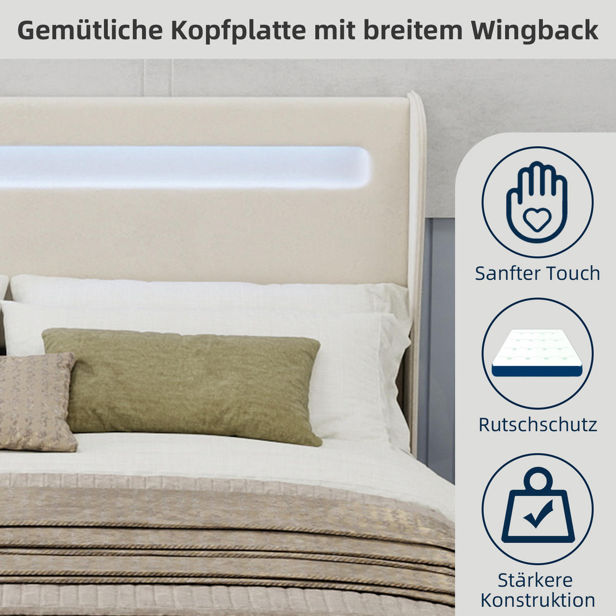 POLSTERBETT 160x200 cm LED Kopfteil beige - Beige, Textil (160/200cm) - Fortuna Lai