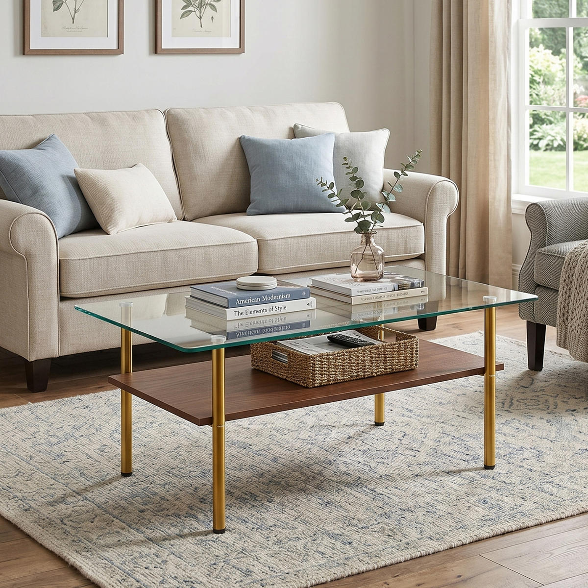 COUCHTISCH DE-37418 rechteckig mit Glasplatte Gold/Braun - Goldfarben/Braun, Metall (98/58/45cm) - ComfortXL