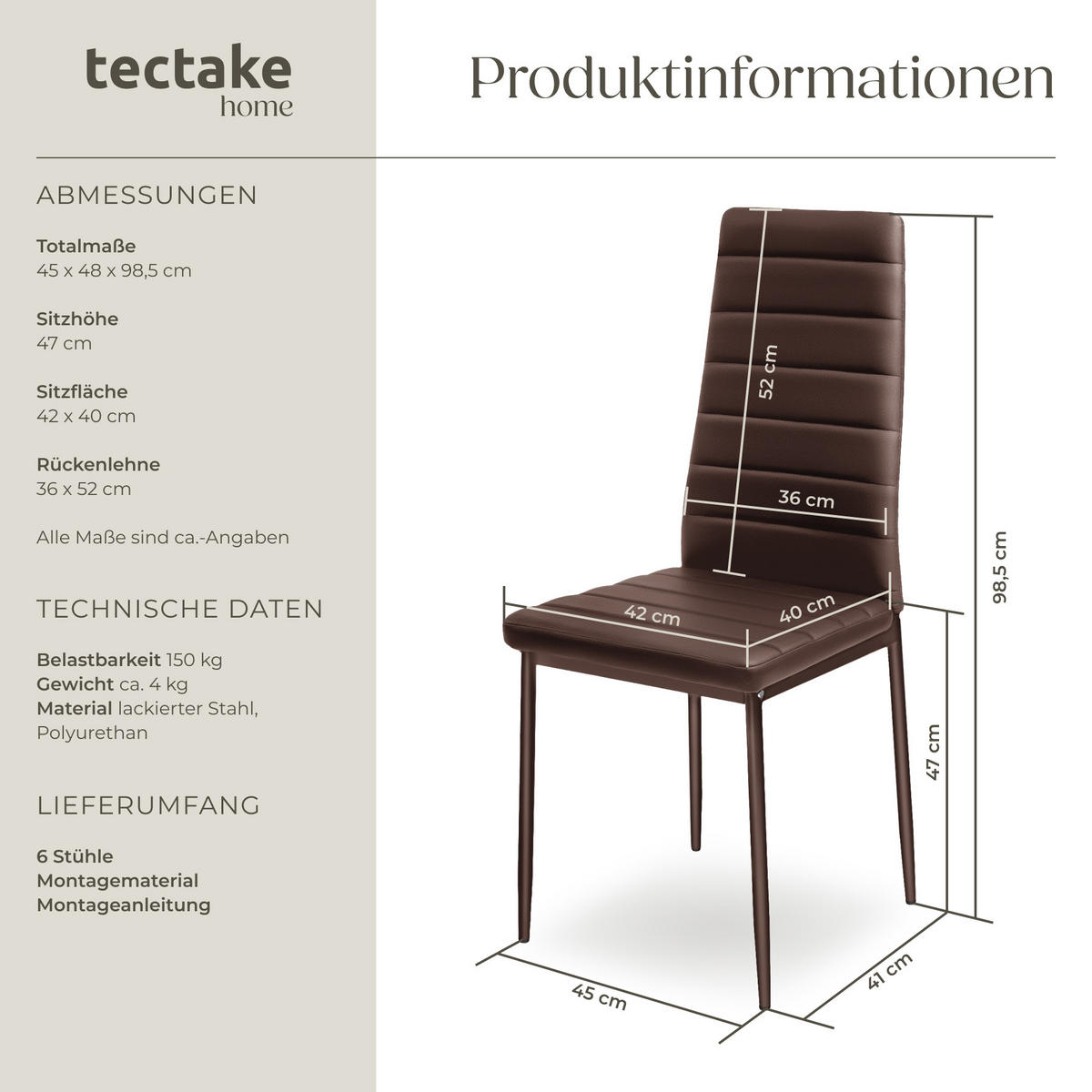 ESSZIMMERSTUHL 6er Set Thomas 41 x 45 x 98 5 cm cappuccino - Cappuccino, Textil (48/98.5/45cm) - tectake