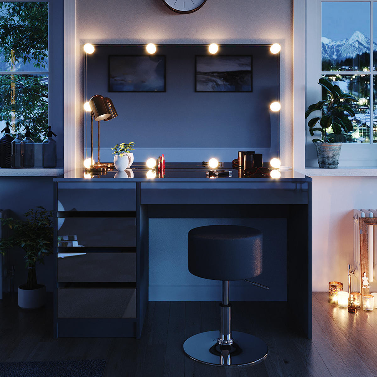 SCHMINKTISCH Sherry Anthrazit 120 cm mit LED Beleuchtung und Hocker - Anthrazit, Holzwerkstoff (120/75/55cm) - Vicco
