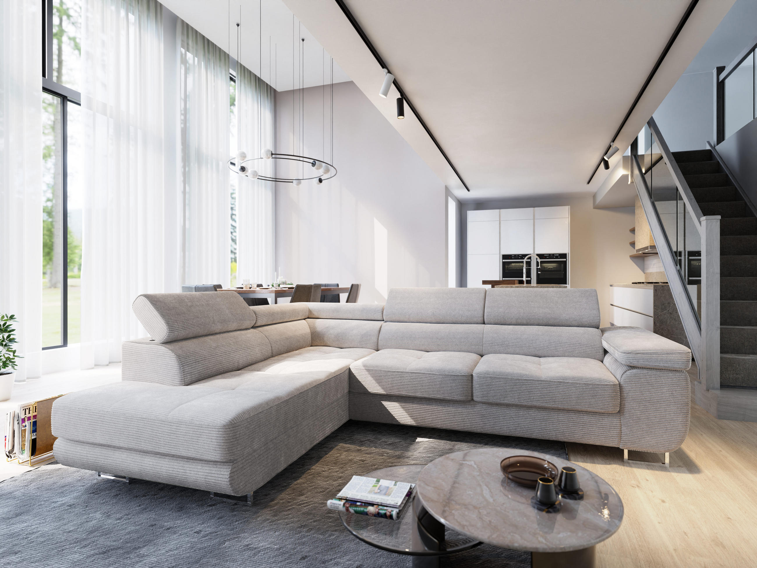 ECKSOFA APIRO L-S Creme Kordstoff mit Schlaffunktion - Creme, Holz (276/202cm) - MASSENO