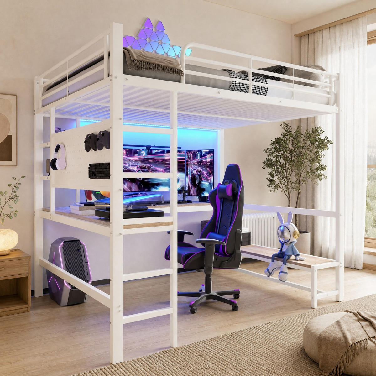 HOCHBETT 140/200 mit LED, USB-Type-C, Steckdose und Schreibtisch in Weiß - Weiß, Holz/Holzwerkstoff (140/200cm) - EVRYAE