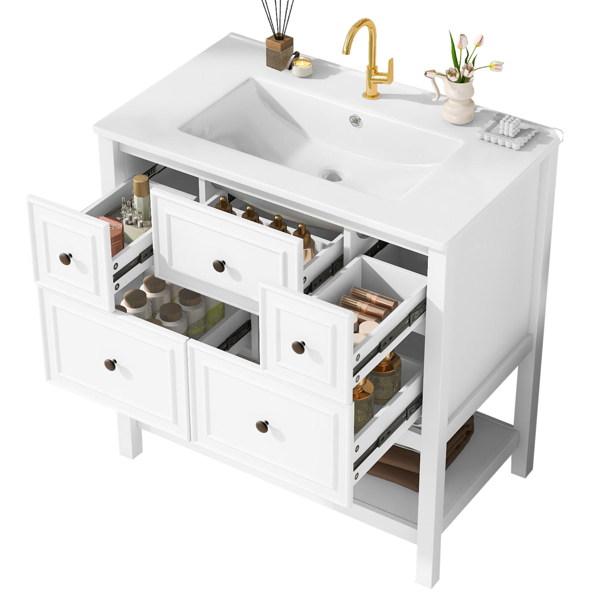 FREISTEHENDER Waschtisch aus MDF und Keramik 76x46,5x82 cm Weiß mit 5 Schubladen und offenem Stauraum - Weiß, Keramik (76/82/46.5cm) - Modfu