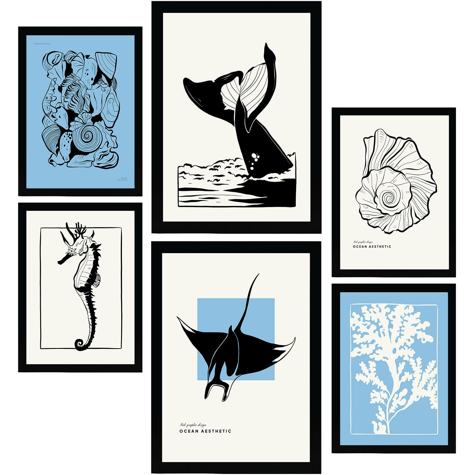 POSTER Set Mit 6 In Schwarzer Tinte Stachelrochen Und Wal Kunstdrucke Von Meer Und Ozean Für Innenarchitektur A3 & A4 Schwarzer Rahmen - Schwarz, Papier (29/3cm) - Nacnic