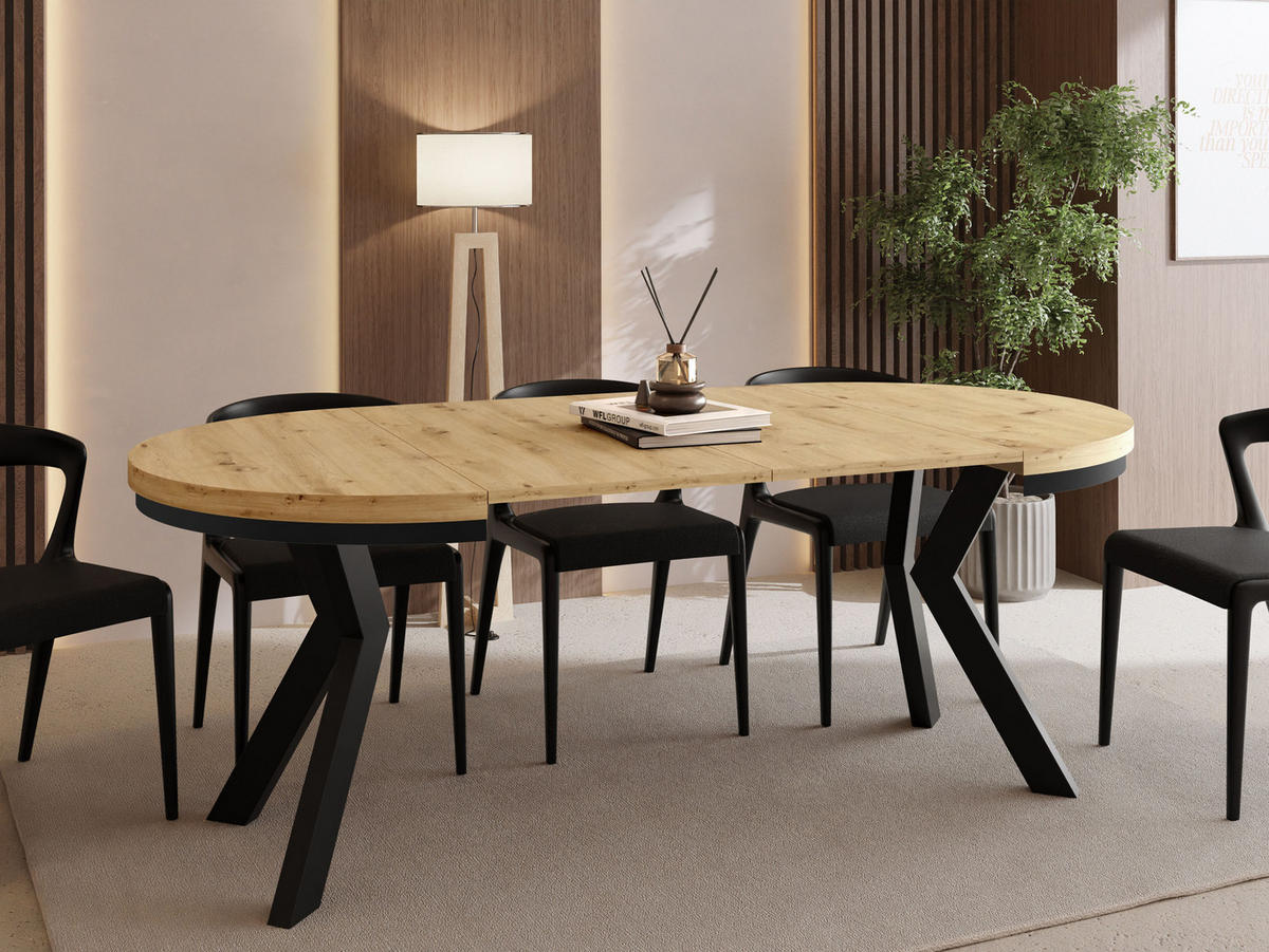 ESSTISCH Savio Neo rund ausziehbar verlängerbar XXL, Eiche Artisan Hellbraun 100-200/100/77 cm - Schwarz/Eiche Artisan, Holz/Holzwerkstoff (100/100/77cm) - WFL GROUP