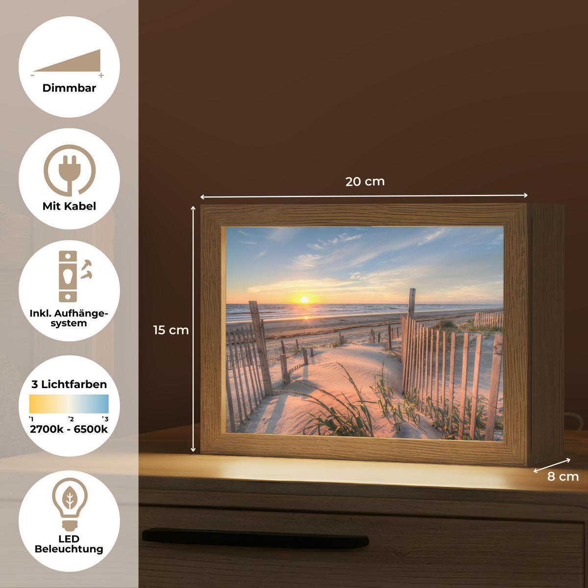 TISCHLEUCHTE Strand - Meer - Düne - Sonnenuntergang - Landschaft 20x15 cm - Creme, Holzwerkstoff (8/20/15cm) - OnlyWow