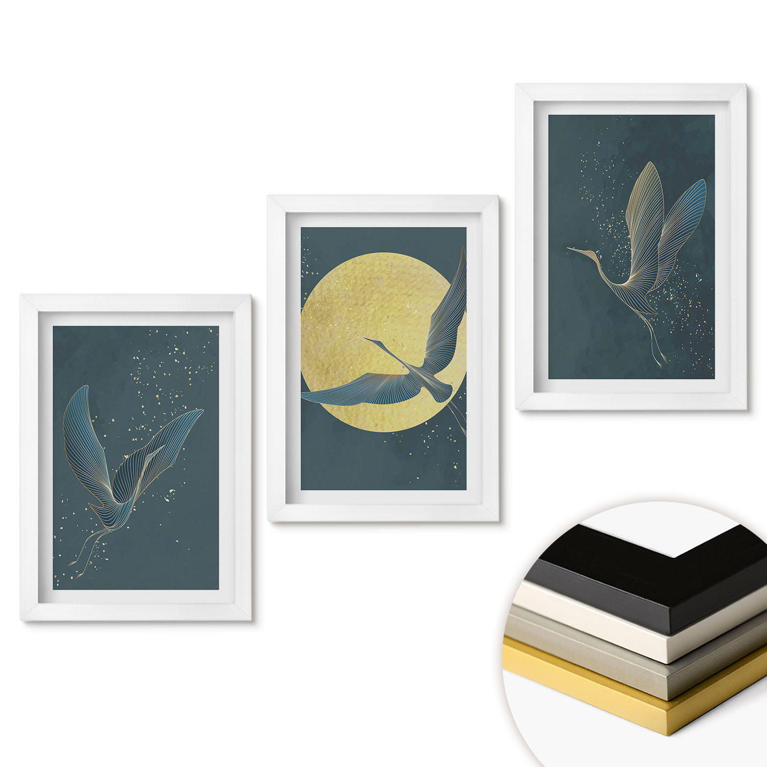 WANDBILDER 3er-Set - 20x30 cm Weißer Rahmen - Kraniche im Flug bei Nacht - Weiß, Kunststoff (20/30cm) - ArtPrintCave