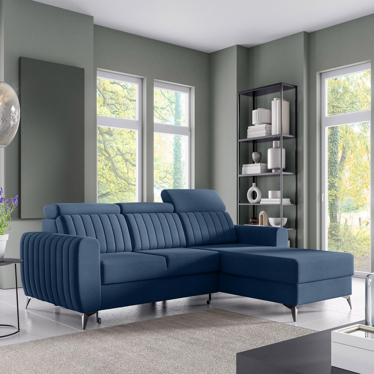 ECKSCHLAFSOFA Connor I verstellbare Kopfstützen, Dunkelblau - Schwarz/Dunkelblau, Textil (238/176cm) - Beautysofa