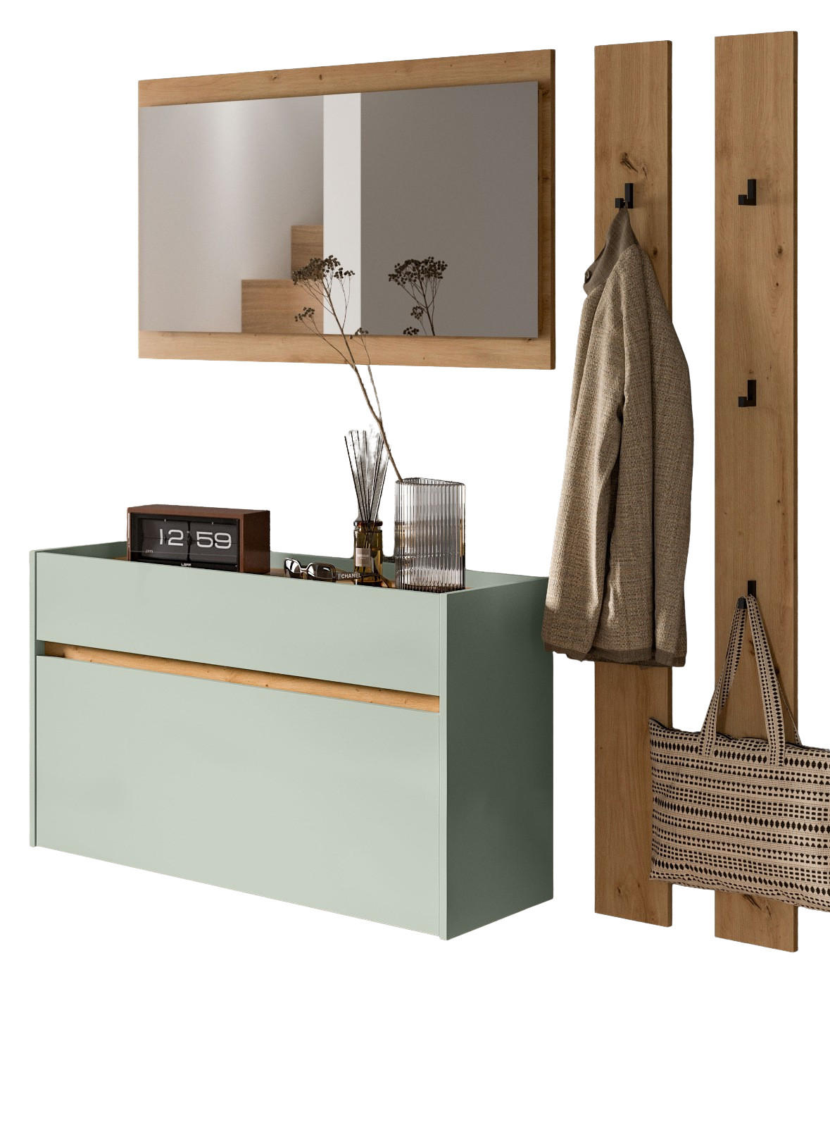 GARDEROBEN-SET Salbei grün, Eiche Artisan 4-teilig 172 cm, Garderobenmöbel hängend - Salbeigrün/Eiche Artisan, Glas/Holzwerkstoff (172/197/32cm) - Inn.Furn