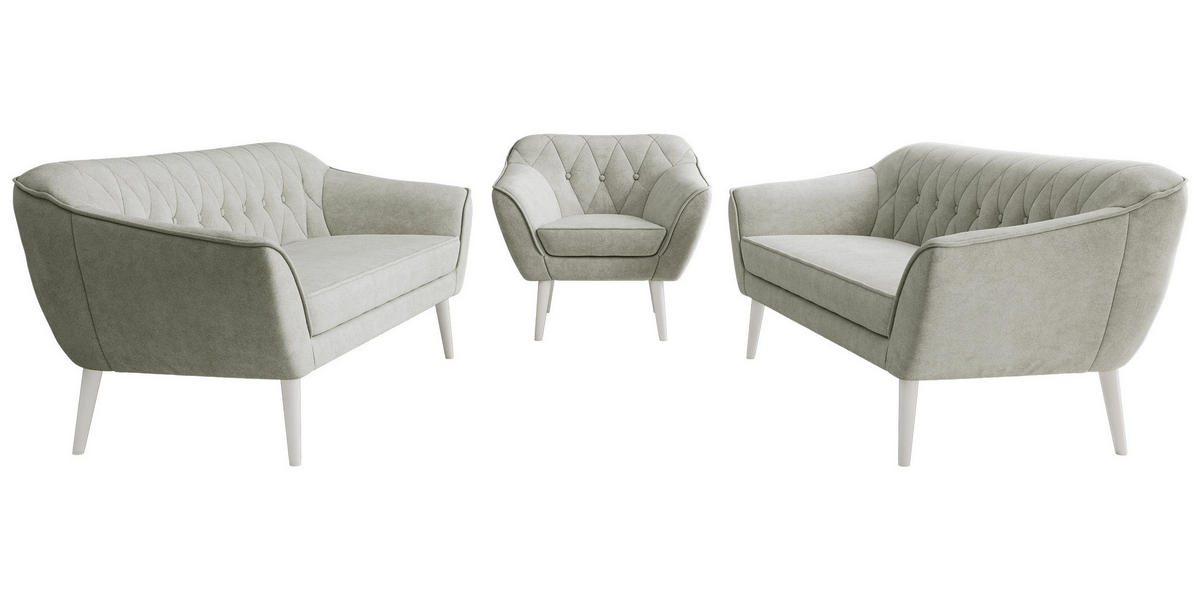 SEDACIA ZOSTAVA 3+3+1 PIRS - Svetlosivá Štruktúrovaná látka - Biele nohy - biela/svetlosivá, kompozitné drevo/textil (180/75/74cm) - MKS