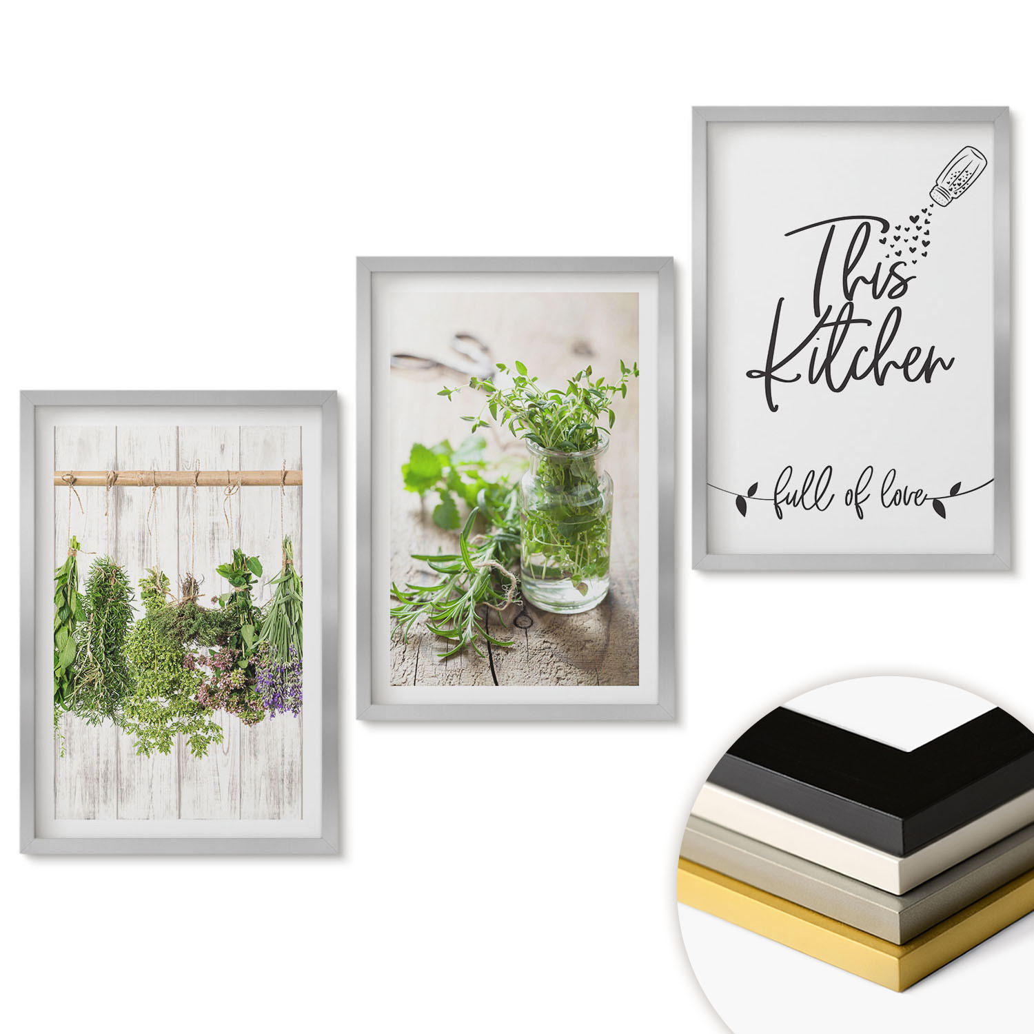WANDBILDER 3er Set - 40x60 cm Silberner Rahmen - Küchenthema: Getrocknete Kräuter - Silberfarben, Kunststoff (40/60cm) - ArtPrintCave