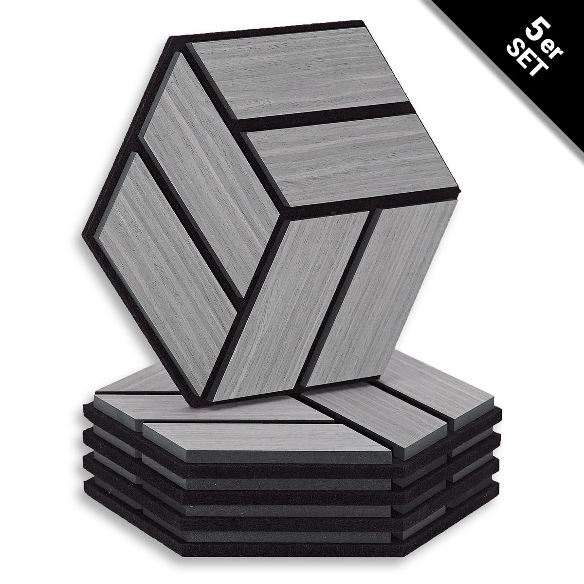AKUSTIKPANEEL Hexagon Grau 5 Stück - Grau, Holz (30/26/2cm) - Homestyle4u