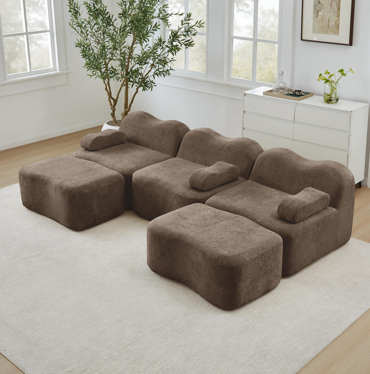 ECKSOFA 288/167/70 cm modular braun aus Samt mit tiefer Sitzfläche und 2 Hockern - Braun, Textil (167/288cm) - OKWISH
