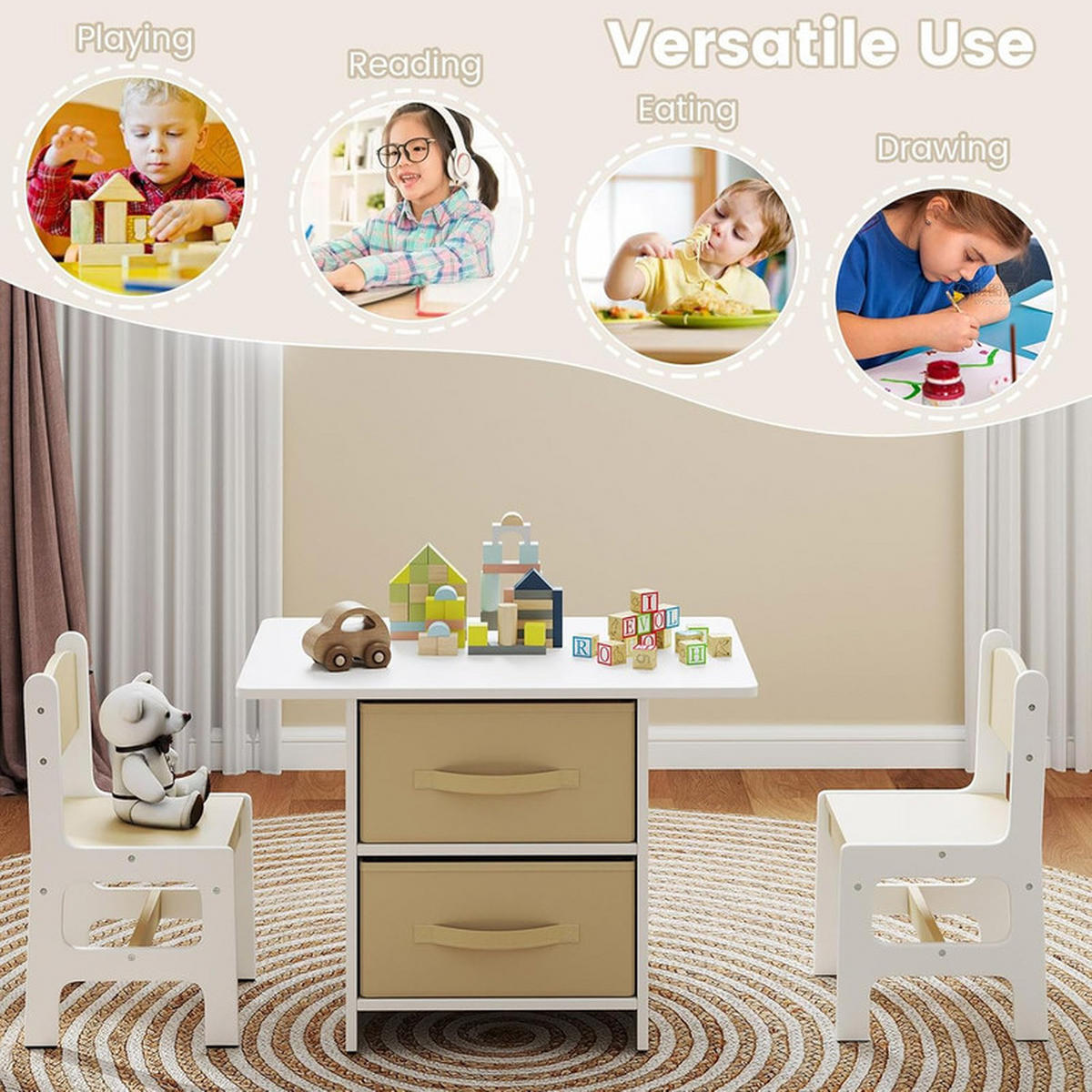 KINDERTISCHE mit Stühlen beige(3-tlg) - Beige, Holzwerkstoff (71/50/48cm) - COSTWAY