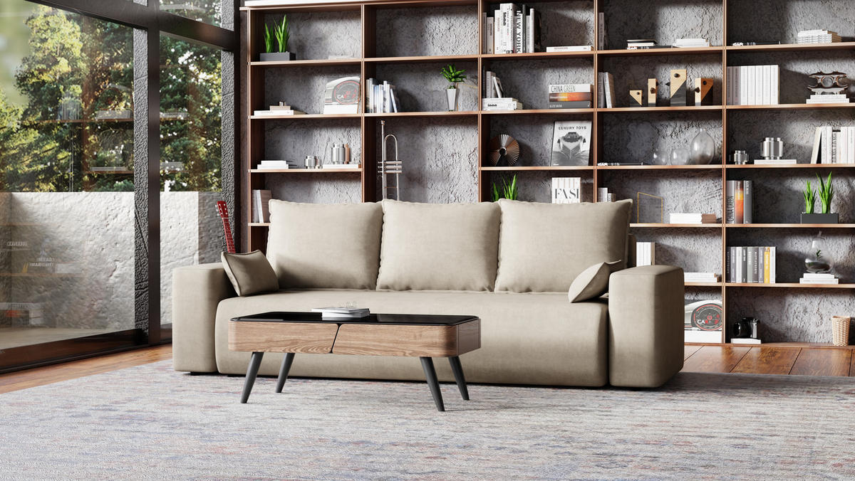SOFA Bubi mit Bettkasten und Schlaffunktion, Velourstoff - Beige, Holzwerkstoff (242/85/95cm)