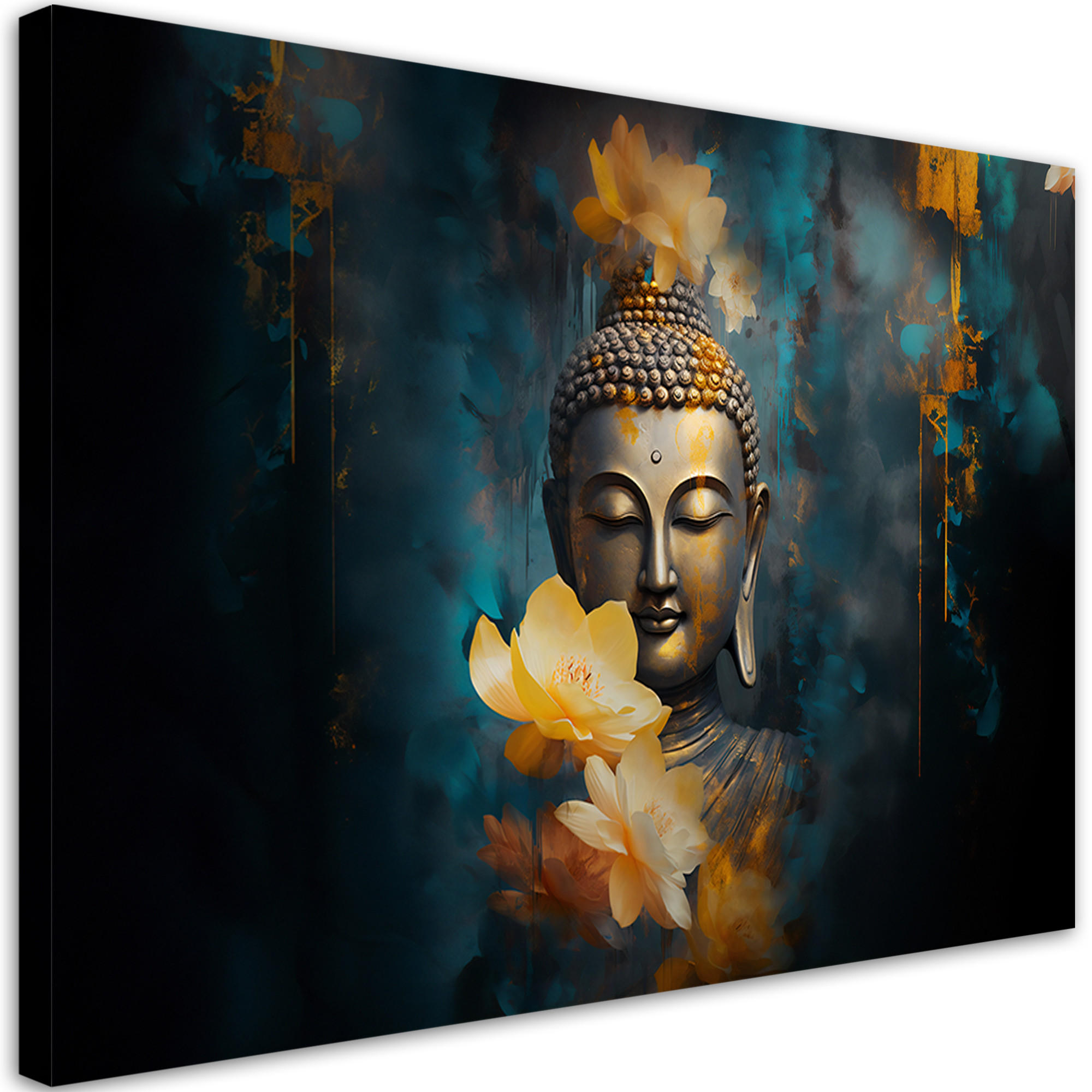 WANDBILD buddha und goldene blumen - Blau, Textil (60/40cm) - Feeby