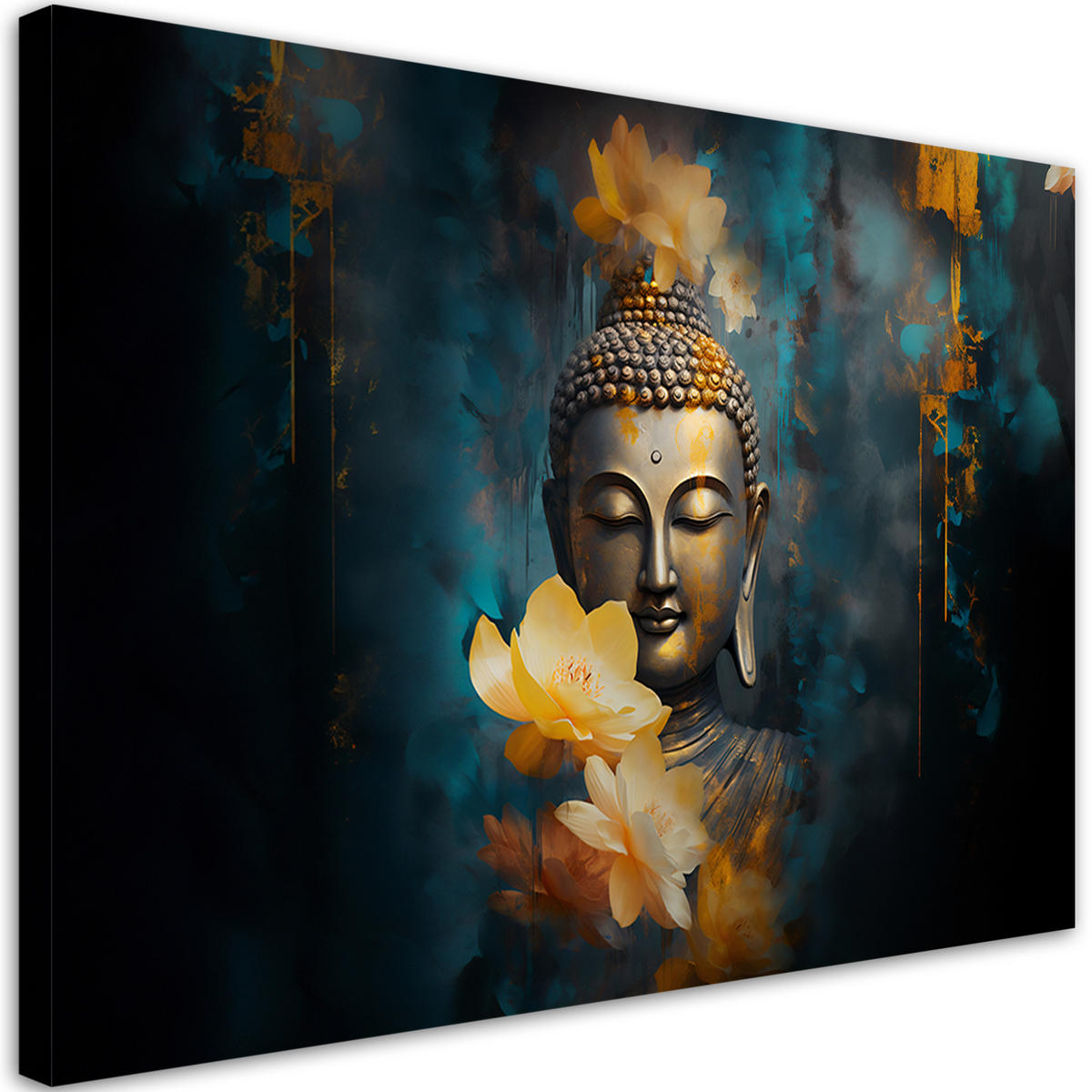WANDBILD buddha und goldene blumen - Blau, Textil (60/40cm) - Feeby