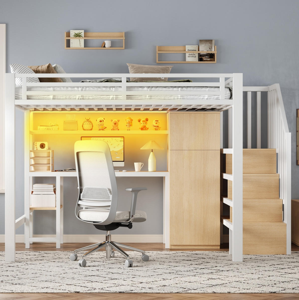 HOCHBETT 140/200 cm mit Schreibtisch, Regal, Kleiderschrank und LED - Weiß, Metall (140/200cm) - MIVRAY