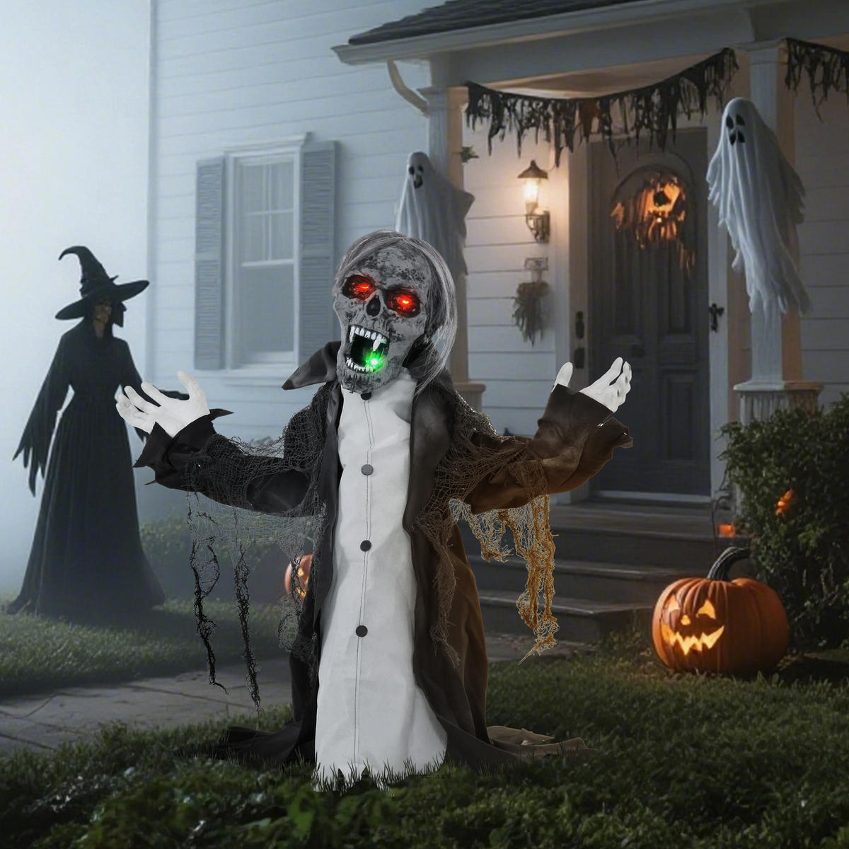 HALLOWEENDEKO DE-42074 Bewegliches Skelett/Zombie mit LED und Sound 75 cm - Dunkelgrau, Metall (102/75/32cm) - ComfortXL
