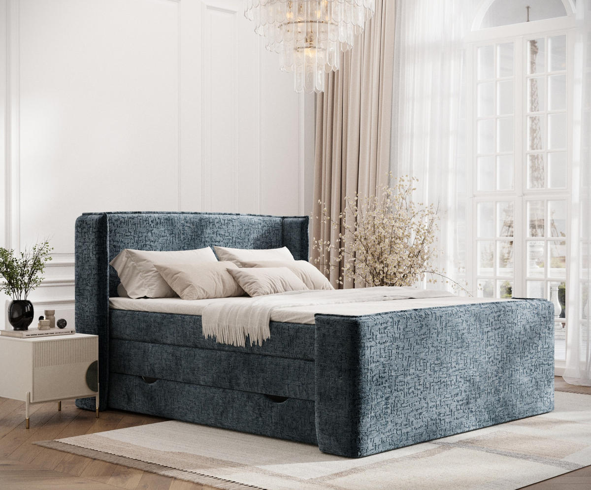 BOXSPRINGBETT Freeland Blau Grau 180/200 cm mit Matratze und Topper - Blaugrau/Schwarz, Holz/Holzwerkstoff (180/200cm) - Maison de Reve