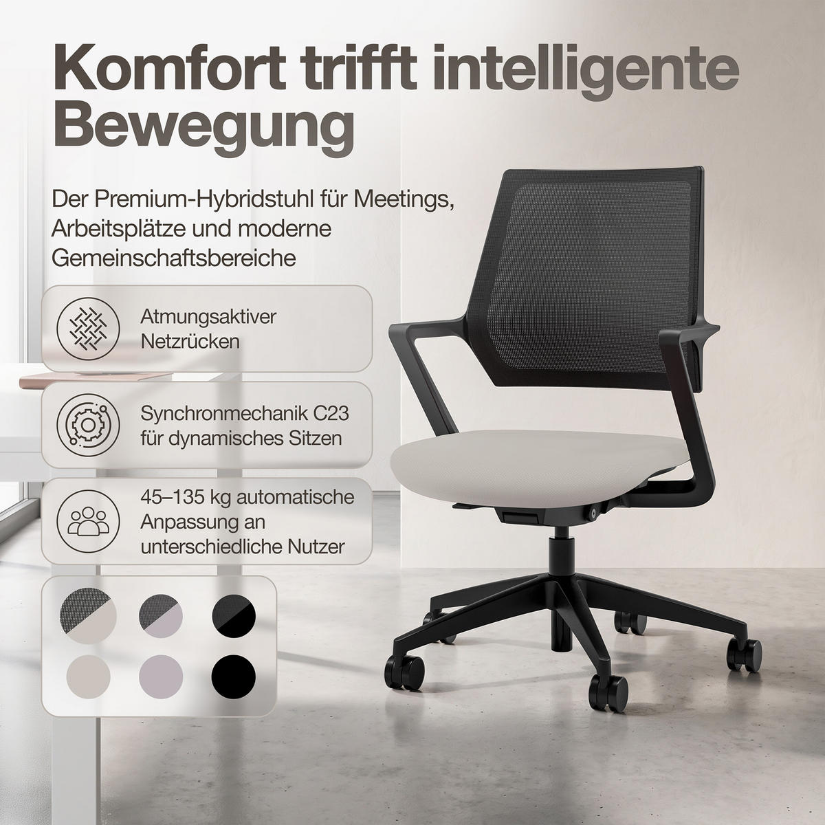 DREHSTUHL Ergonomischer Bürostuhl Asolo mit Netzrücken / Weiß Netzrücken für Luftzirkulation - Weiß, Textil (59.5/97.5/45cm) - ASSMANN