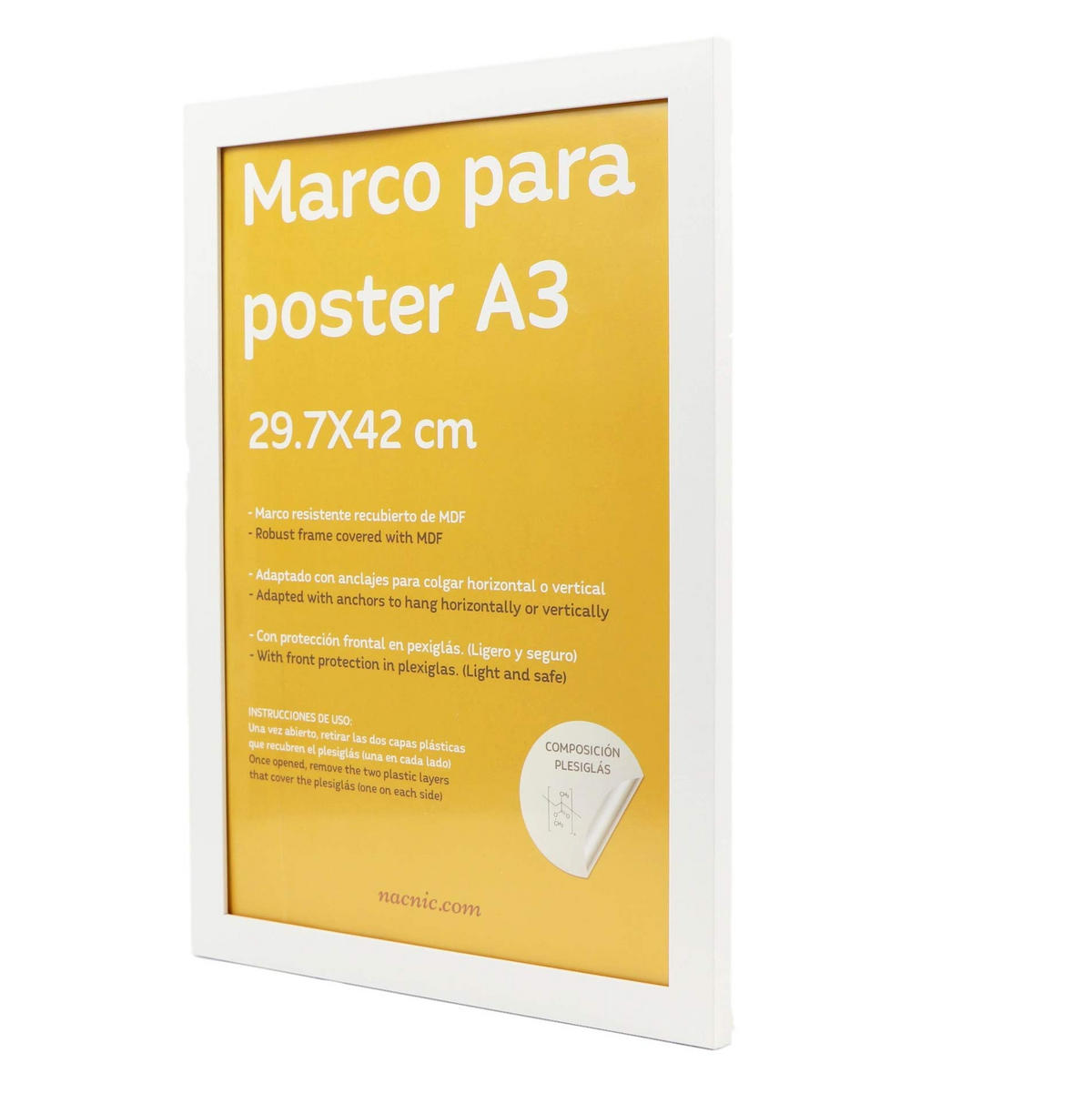 RAHMEN Set mit 3 aus MDF und Acrylglas Schutz und Aussteller für Fotografien, Bilder, Poster, Gemälde, Dekoration für Haus Farbe Weiß A3 - Weiß, Holz (29.7/3/42cm) - Nacnic