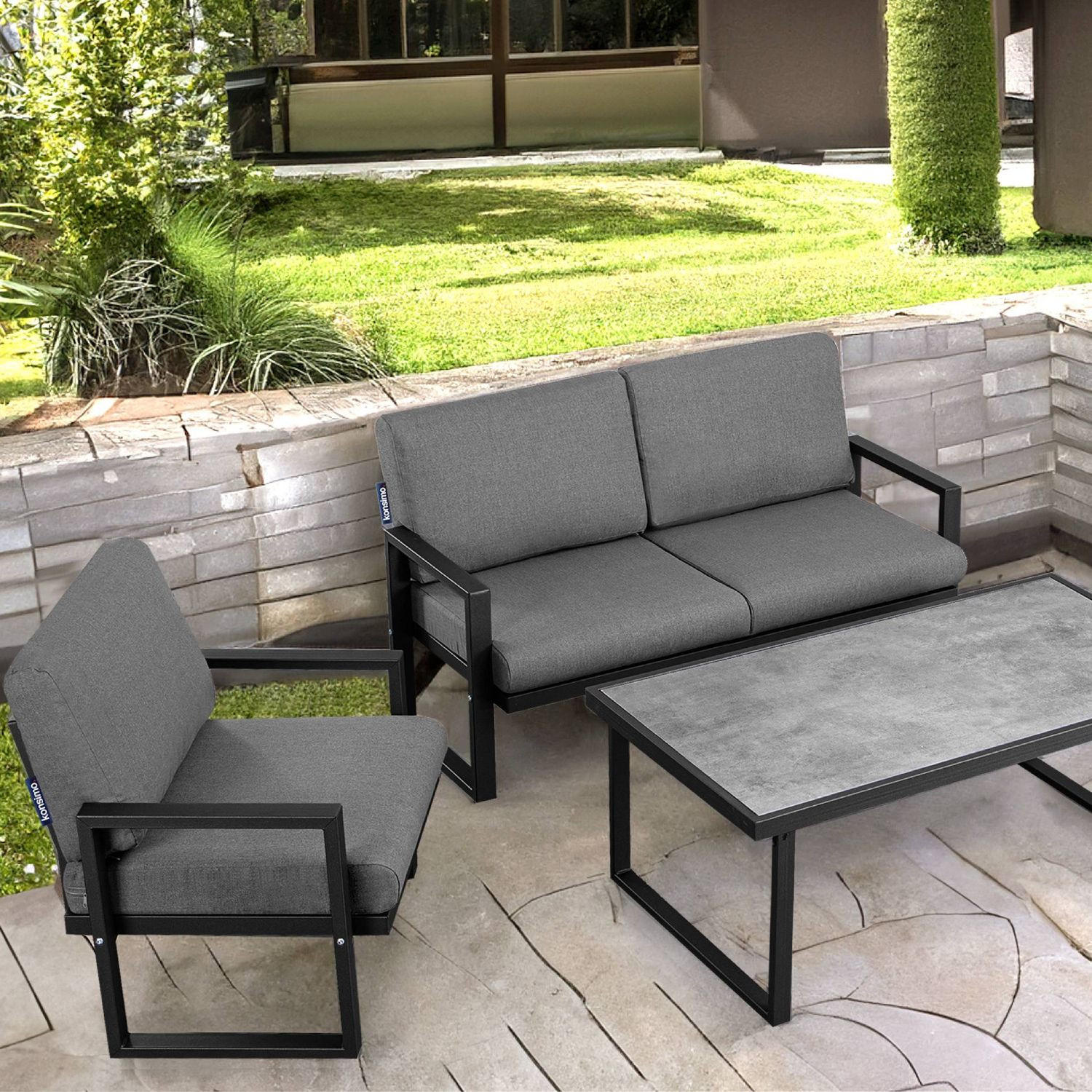 Thumbnail - Konsimo® Gartensofa, Schwarz, Grau, Metall, Textil, 130x65x60 cm, Hergestellt in Europa, Loungemöbel, Outdoorsofas