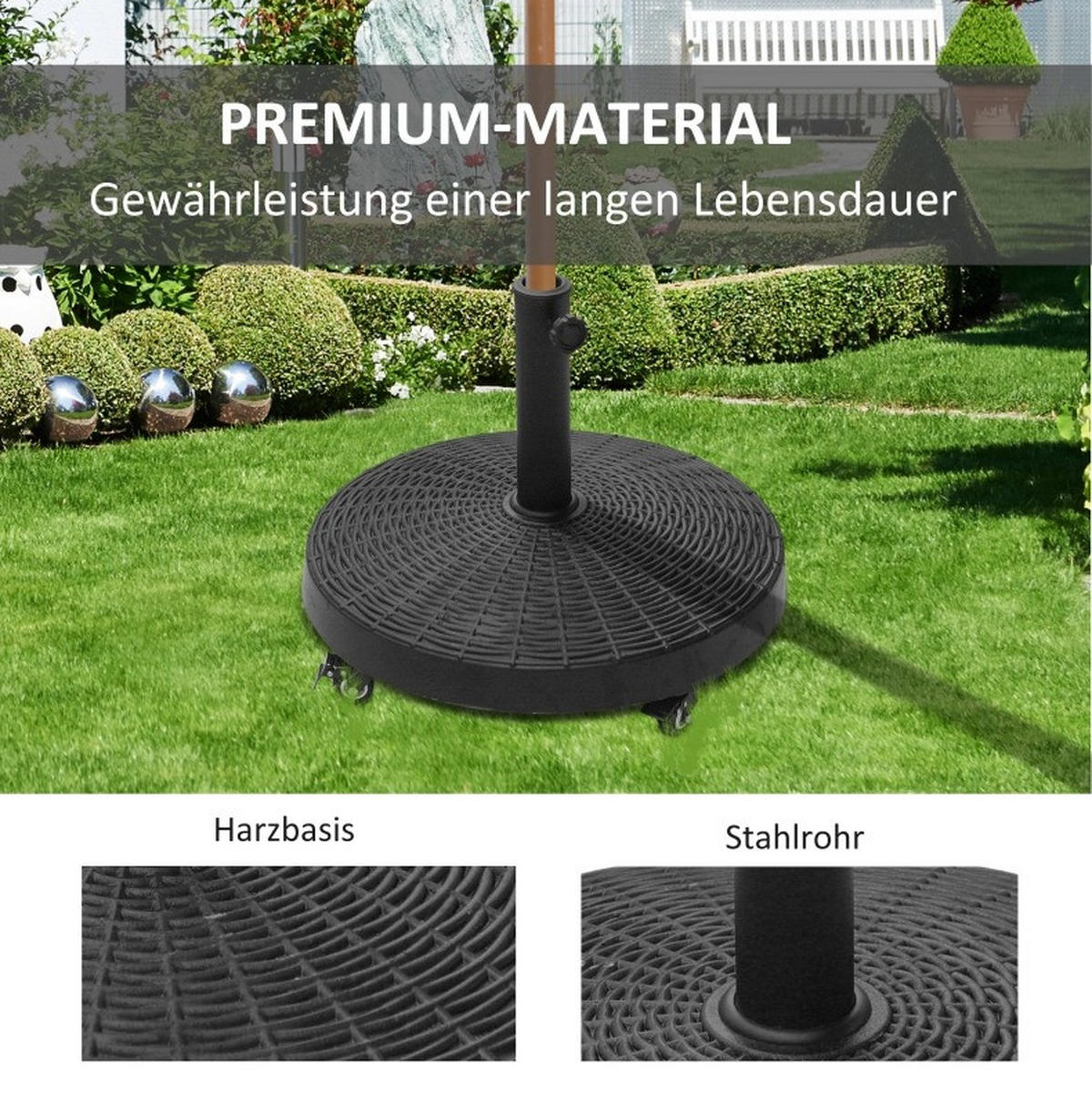SONNENSCHIRMSTÄNDER 52/52/41 cm schwarz aus Metall mit Rollen - Schwarz, Metall (52/52cm) - OKWISH