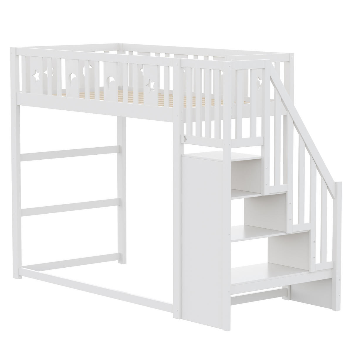 ETAGENBETT 90/200 cm Weiß aus Massivholz mit Treppe und Regal - Weiß, Holzwerkstoff (90/200cm) - OKWISH