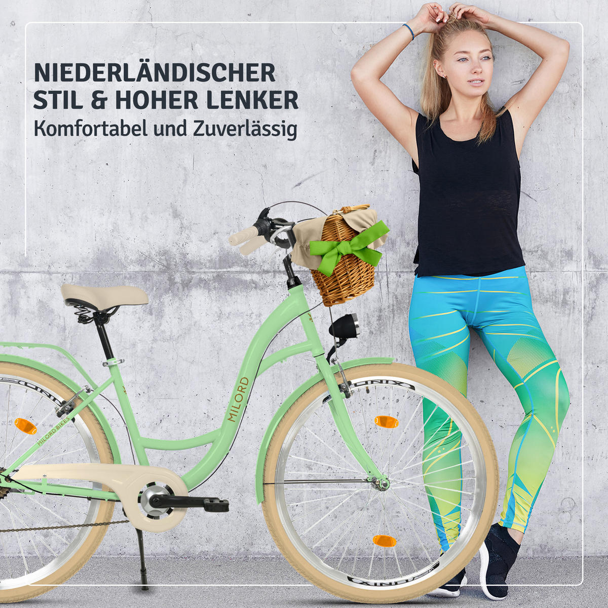 CITY-FAHRRAD Milord mit Weidenkorb, 28 Zoll, Mintze, 7-Gang - Creme/Grün, Metall (46cm) - Milordbikes