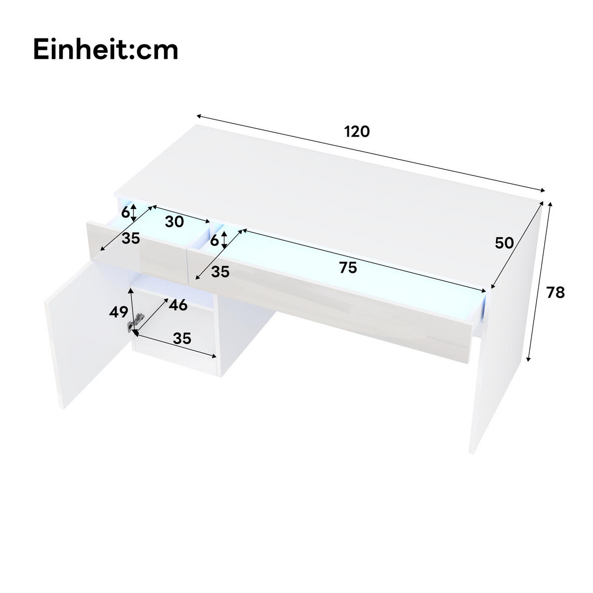 SCHREIBTISCH Weiß Hochglanz 120/50/78 cm mit LED-Beleuchtung und Schubladen - Weiß, Holzwerkstoff (50/120/78cm) - PANGIVO