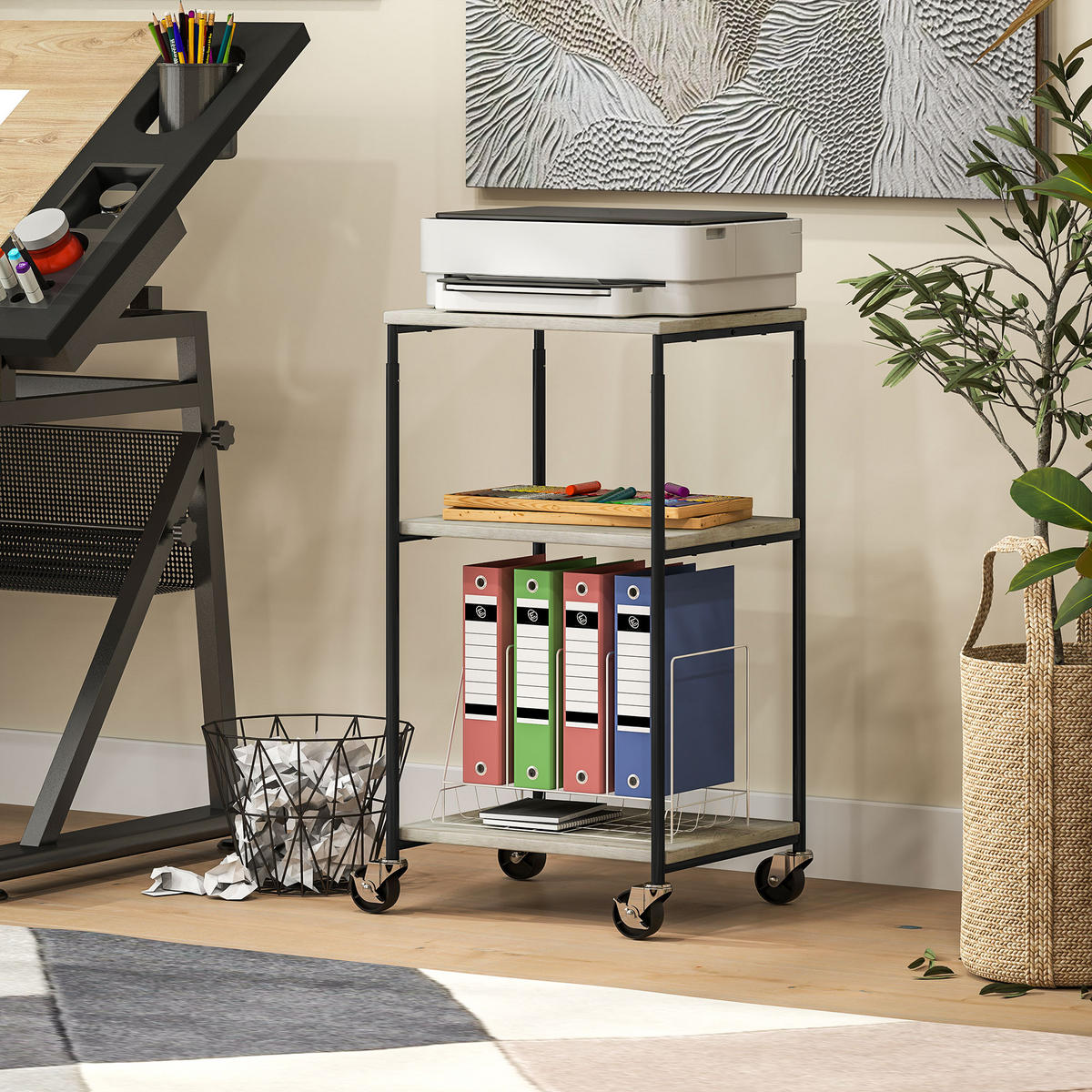 DRUCKERTISCH mit Rolle, Druckerständer mit 3-Ebene, Druckerhalter, Druckerwagen - Grau, Metall (39/34.5/81.5cm) - HOMCOM
