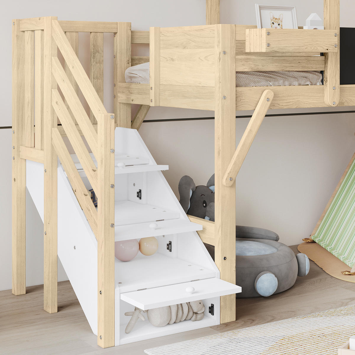 ETAGENBETT 90/200 cm Weiß mit Graffiti-Tafel und Stauraumtreppe aus Kiefer und MDF - Weiß, Holzwerkstoff (90/200cm) - OKWISH