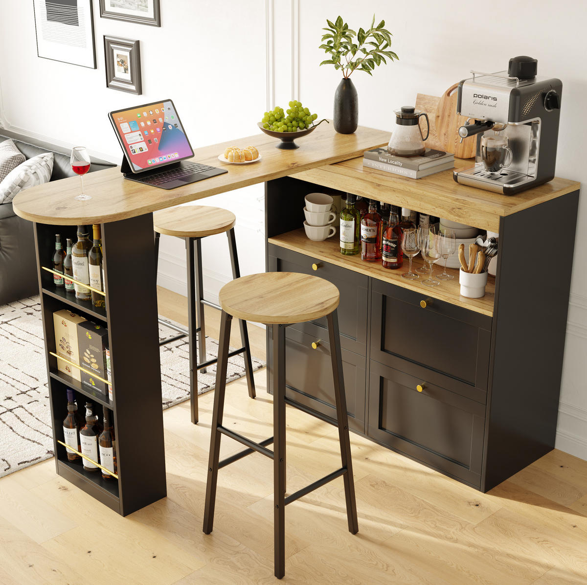 BARHOCKER 2er-Set mit Holzoptik-Sitz, 70 cm, Fußstützen - Schwarz, Metall (30/70/30cm) - MIVRAY