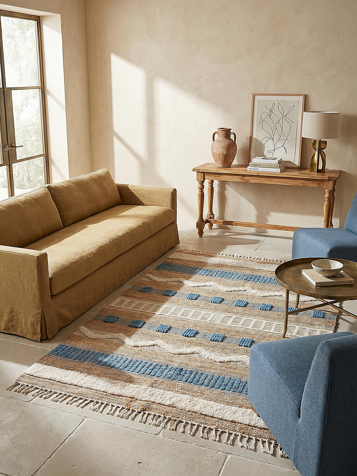 TEPPICH Hoch-Tief Struktur Gestreift, Ethno-Stil, mit Fransen wendbar, Esszimmer Natur-Blau Rechteckig 120x170 - Blau, Textil (170/120cm) - KADIMA DESIGN