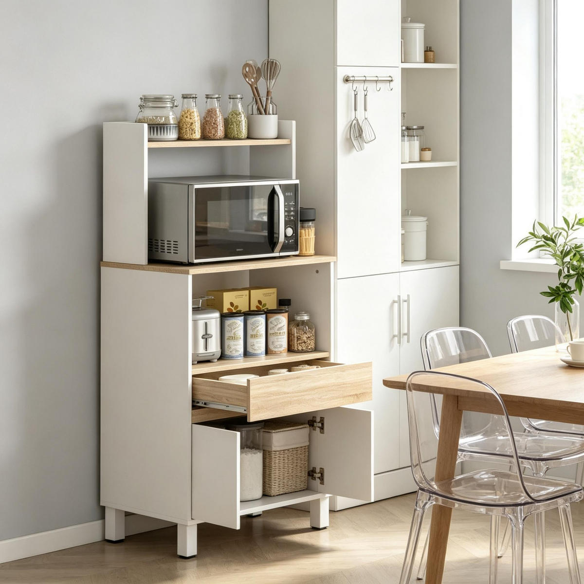 BUFFET DE-38820 60/40/131 cm Mikrowellenfach und Schublade Weiß - Weiß, Holzwerkstoff (60/131/40cm) - ComfortXL
