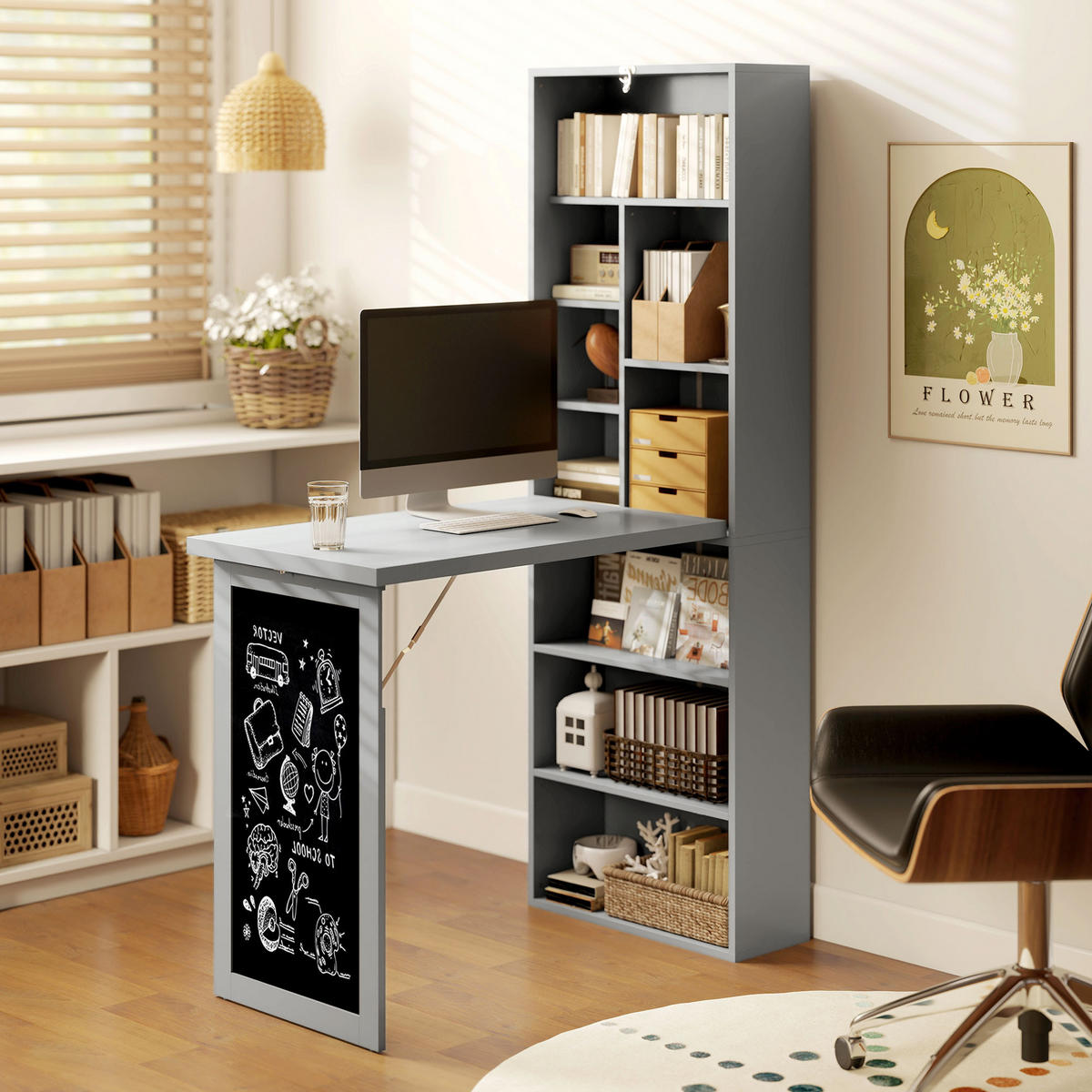 SCHREIBTISCH Holzoptik klappbar mit Regal und Tafel 98/51/153 cm - Grau, Holzwerkstoff (51/98/153cm) - PANGIVO