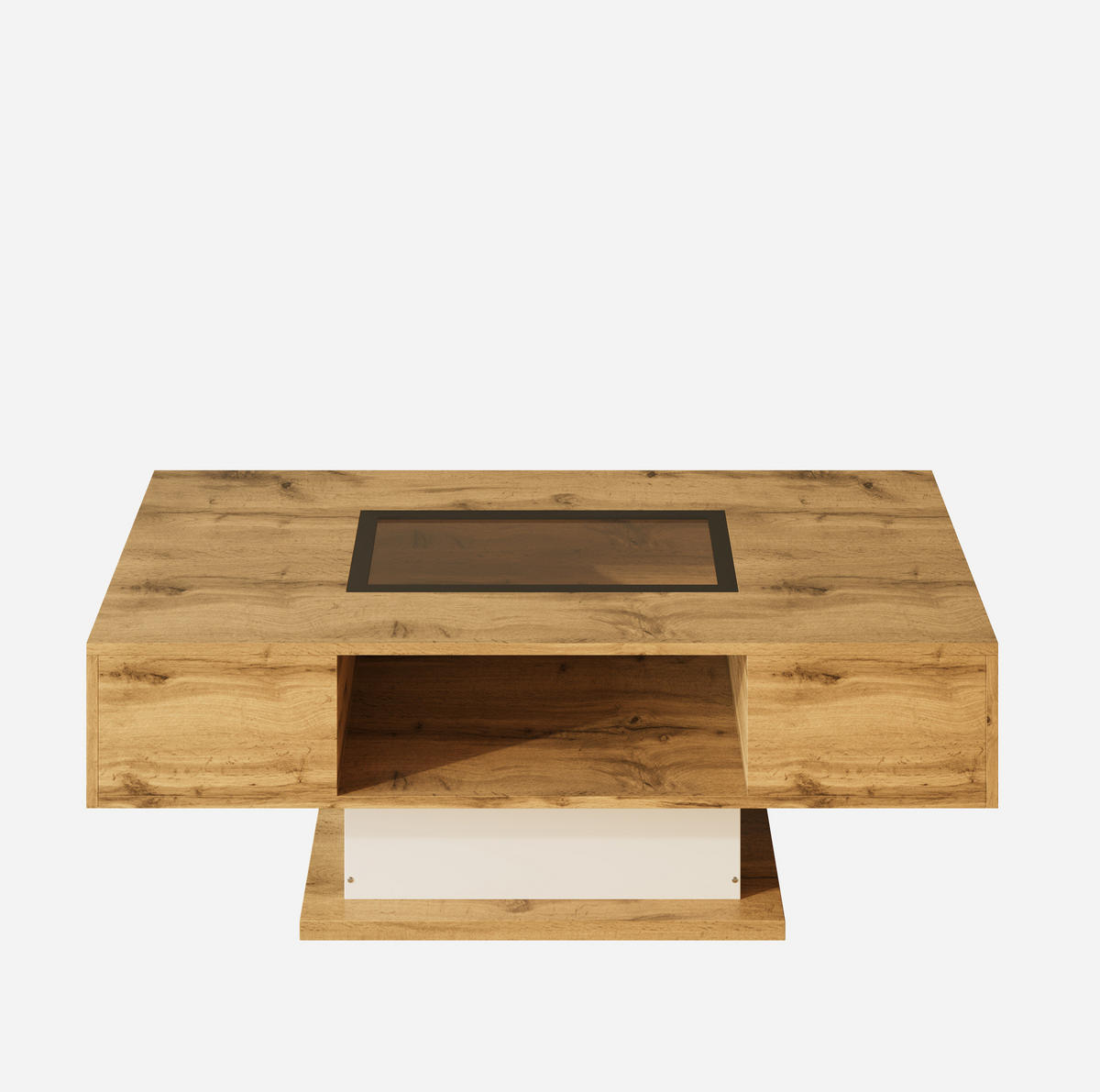 COUCHTISCH aus Spanplatte mit Glas 110,2x60x39,7 cm Natur/Weiß/Schwarz mit 2 Schubladen und LED-Beleuchtung - Naturfarben, Holzwerkstoff (110.2/60/39.7cm) - Modfu