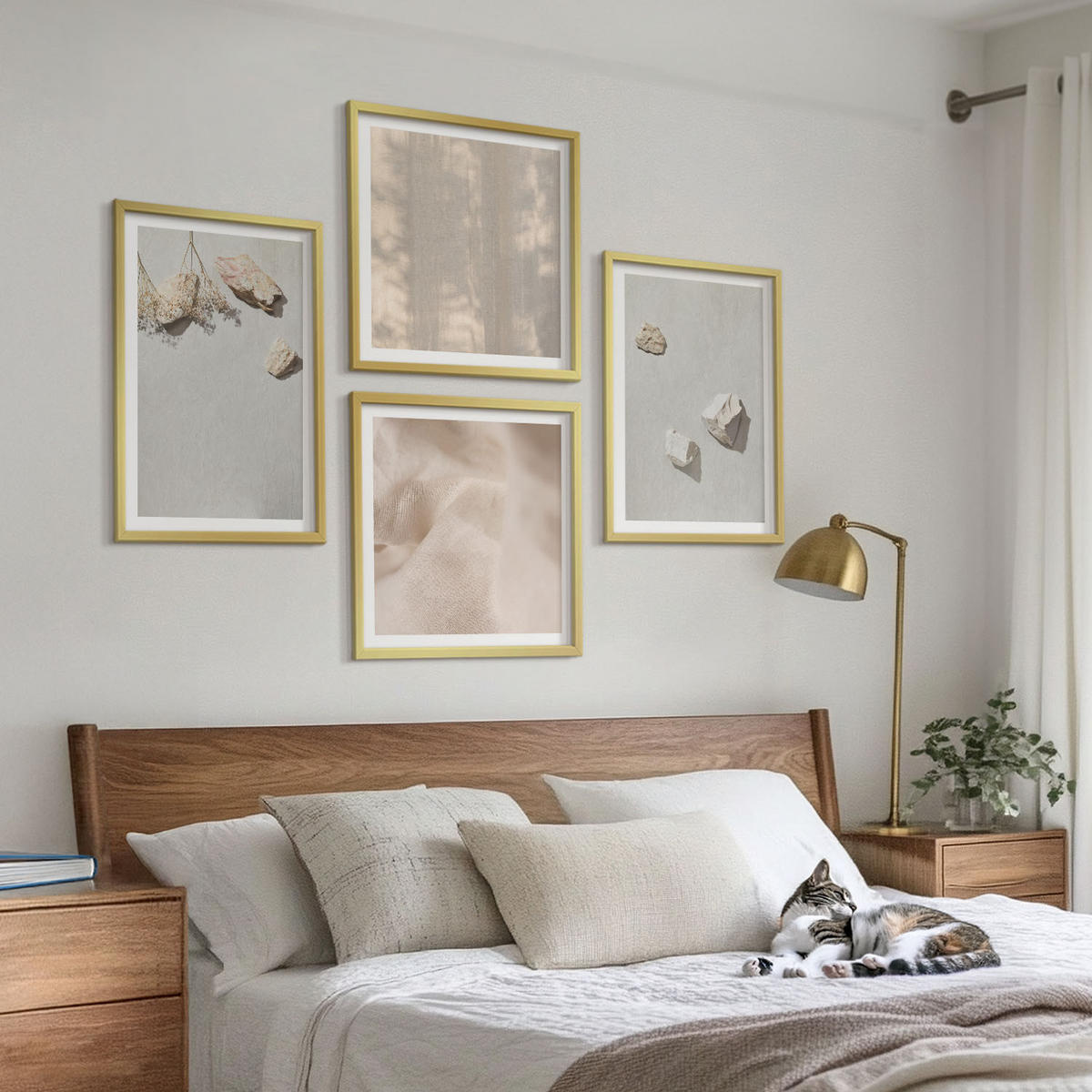 WANDBILDER 4er Set - 50x50 cm & 40x60 cm Goldrahmen - Boho-Stranddekorationen aus Steinen - Goldfarben, Kunststoff (50/50cm) - ArtPrintCave