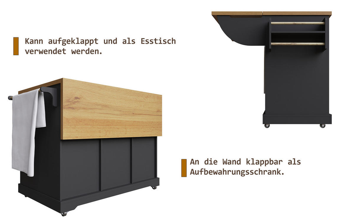 KÜCHENINSEL 147/44/93 cm in Schwarz, klappbar mit Stauraum und Tischfunktion - Schwarz, Holzwerkstoff (147/93/44cm) - Flora Grace