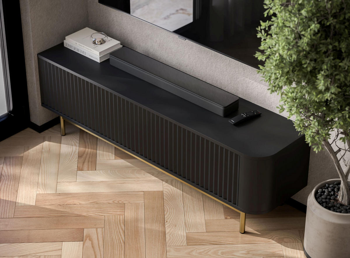 TV komoda Aurora matná čierna 140 cm so zlatým kovovým rámom - čierna/zlatá, kov/kompozitné drevo (140/44/35cm) - Meble Lindner