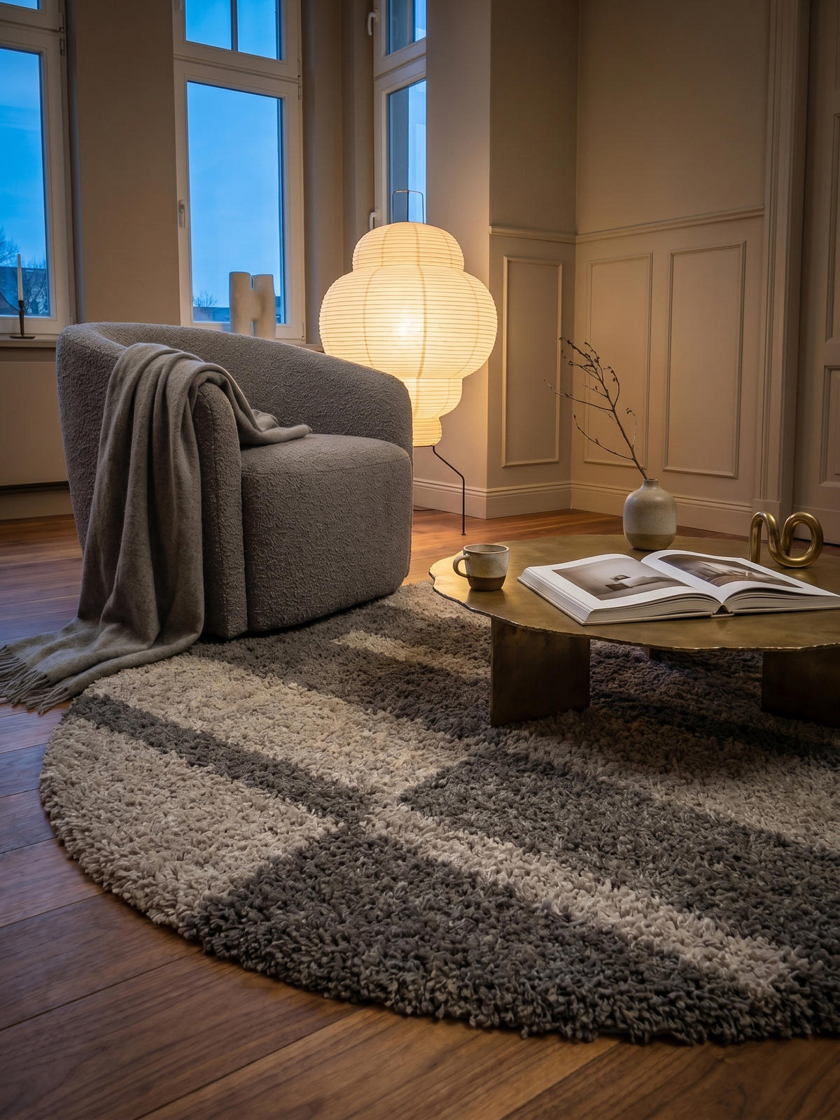 TEPPICH Wohnzimmer Hochflor Karo Weich Flauschig Waschbar OEKO-TEX Rund Taupe 200x200 cm – WERFEN - Braun, Textil (200/200cm) - KADIMA DESIGN