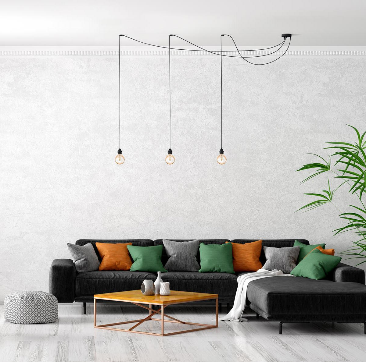 PENDELLEUCHTE Hang 3 Flammig Retro - Schwarz, Naturmaterialien (250/1/250cm) - HOOPZI
