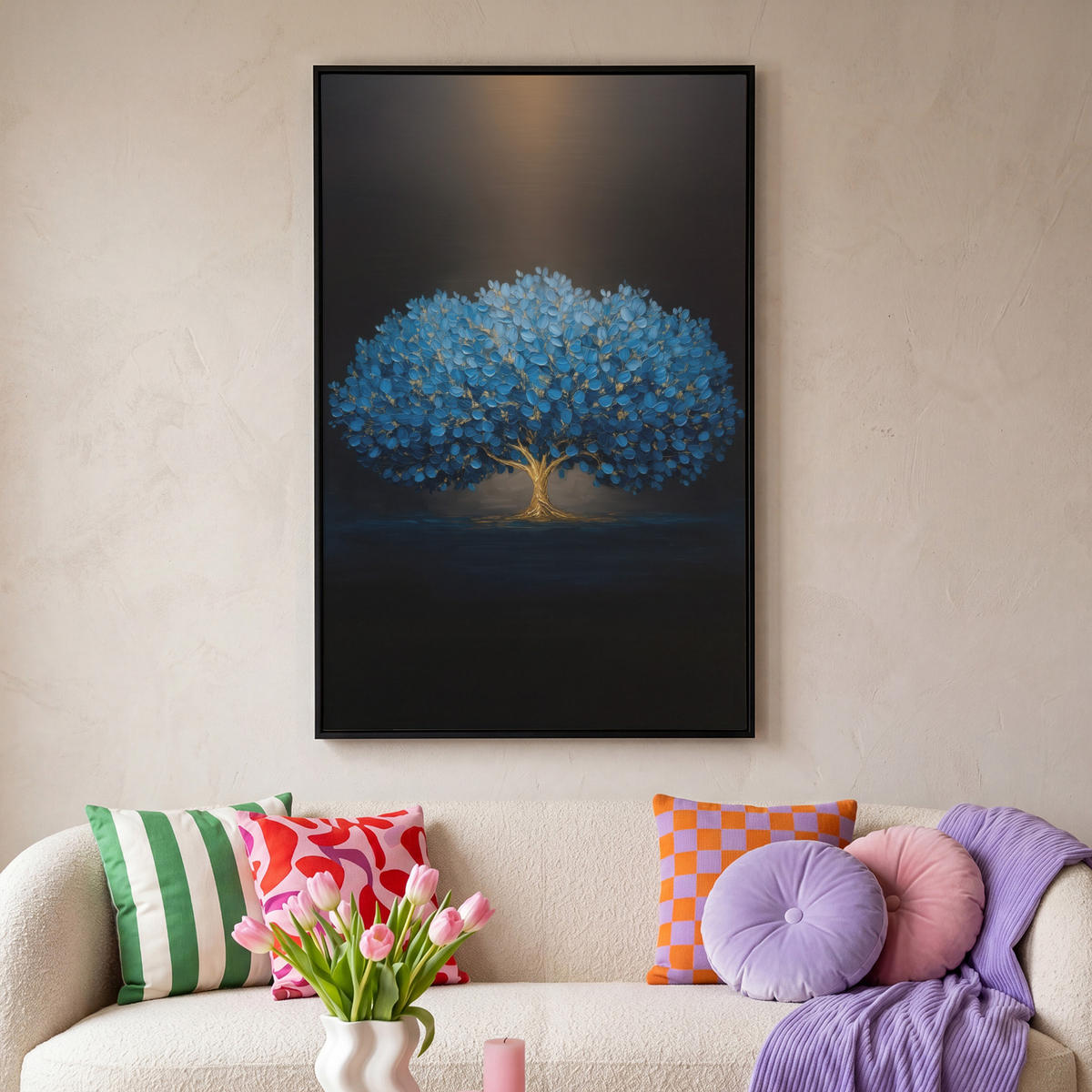 LEINWAND Bilder mit Rahmen - Baum - Blau - Blätter - Pinselstriche - 80x120 - Blau, Textil (80/120cm) - MuchoWow