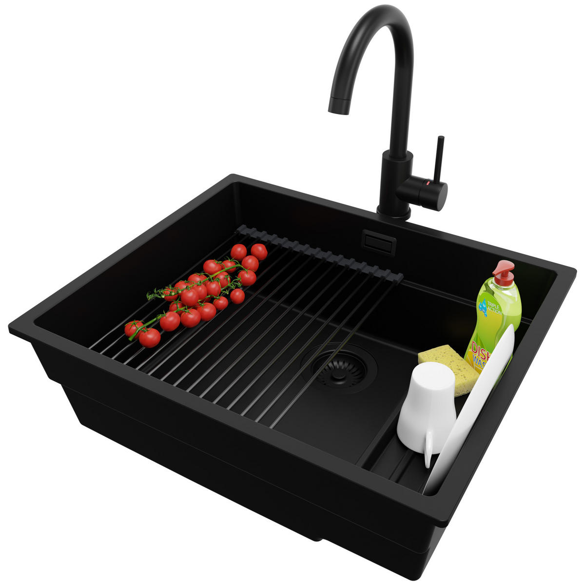 UNTERBAUSPÜLE GRANIT Praga, 2-er set Schwarz 56/47 cm 1 Becken + Küchenarmatur 32/20 cm + Ablauf-Set + Aufrollbare Abtropffläche ab 60er Unterschrank - Schwarz, Kunststoff (56/20/47cm) - Primagran