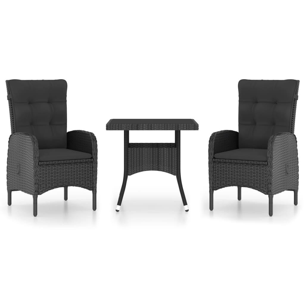LOUNGEGARNITUR mit Kissen und Bistrotisch, aus Poly Rattan und Glas, in Schwarz, 3-teiliges Set - Schwarz, Kunststoff - vidaXL