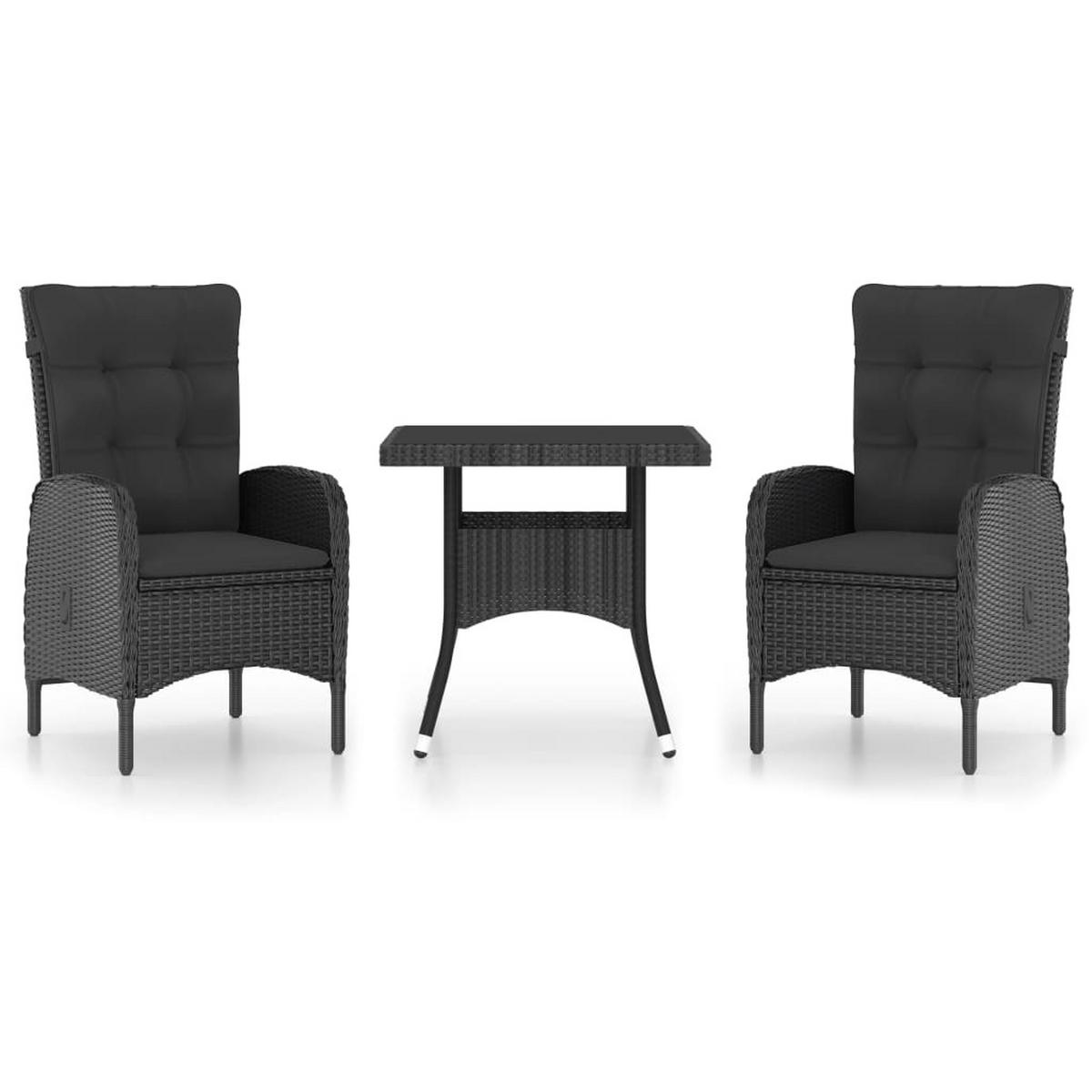 LOUNGEGARNITUR mit Kissen und Bistrotisch, aus Poly Rattan und Glas, in Schwarz, 3-teiliges Set - Schwarz, Kunststoff - vidaXL